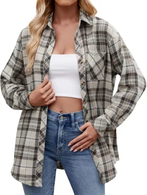 Womens Plus Size Button Down Flannel Plaid Long Sleeve Shirts Oversized Loose Casual Long Jacket Shacket Coats
