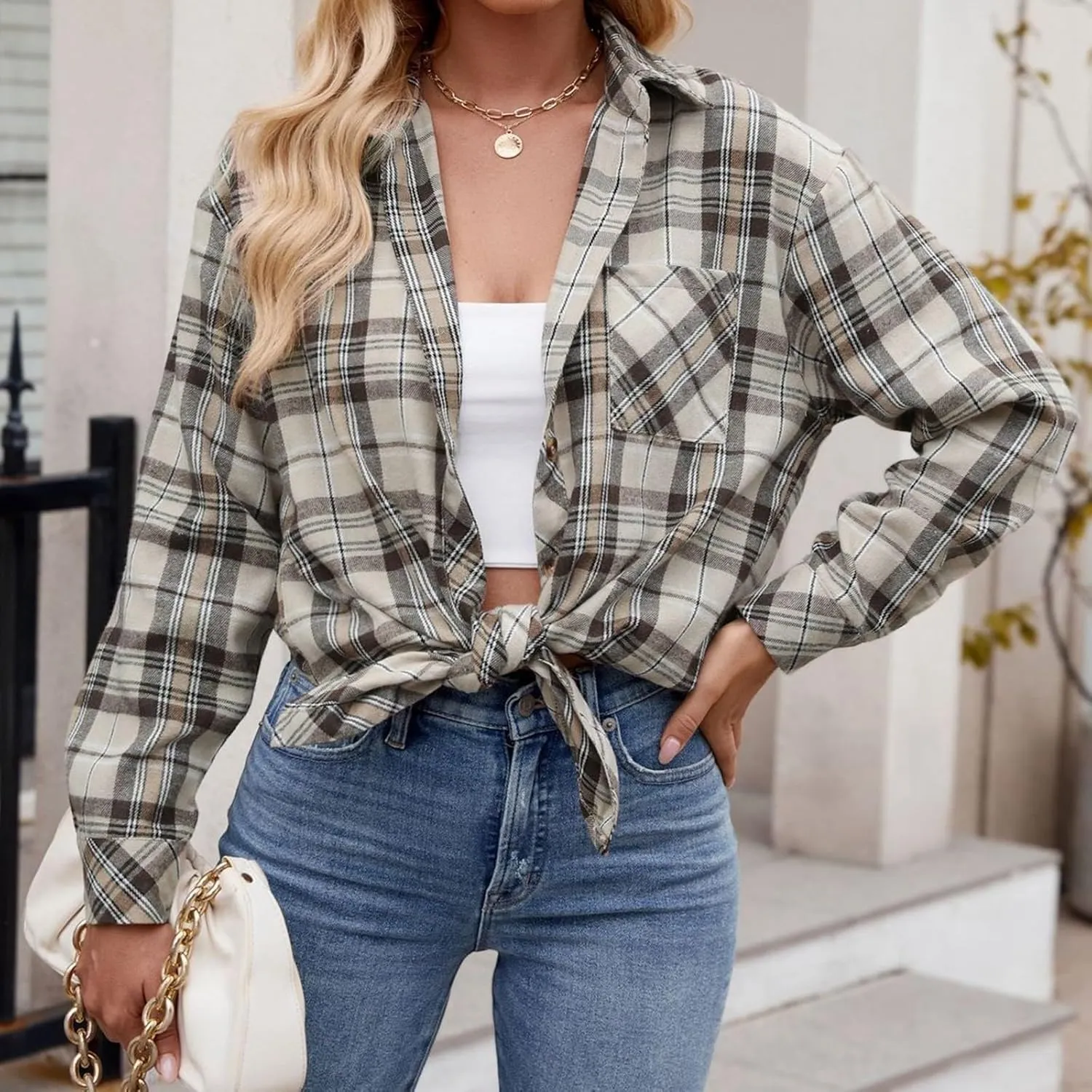 Womens Plus Size Button Down Flannel Plaid Long Sleeve Shirts Oversized Loose Casual Long Jacket Shacket Coats