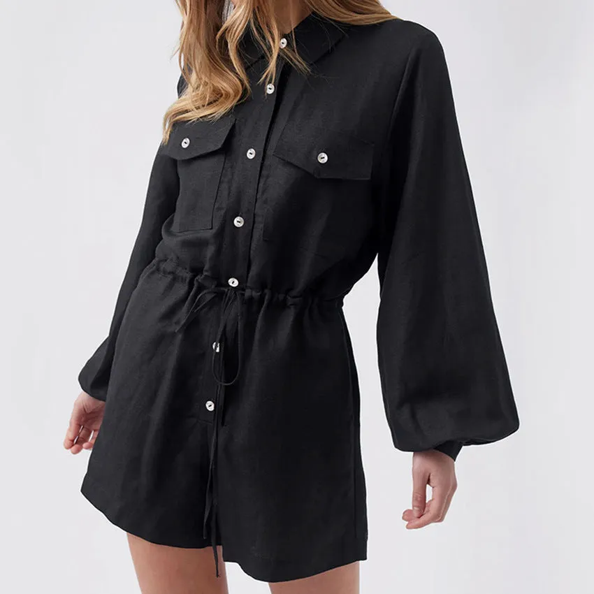 Women’s Romper – Cotton Linen Blend – Long Sleeve – Button Front – Drawstring Waist