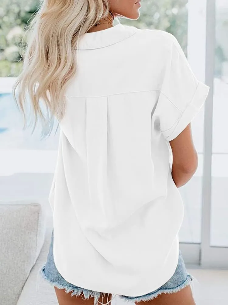 Womens Short Sleeve Casual Button Down Shirts Summer Soft Fashion Cotton Blouses Tops with Pocket