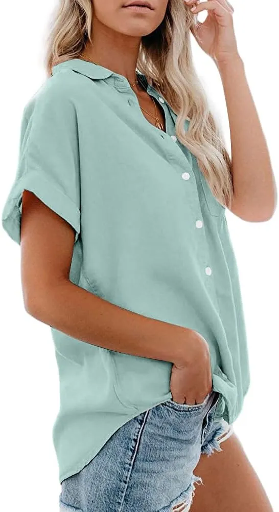Womens Short Sleeve Casual Button Down Shirts Summer Soft Fashion Cotton Blouses Tops with Pocket