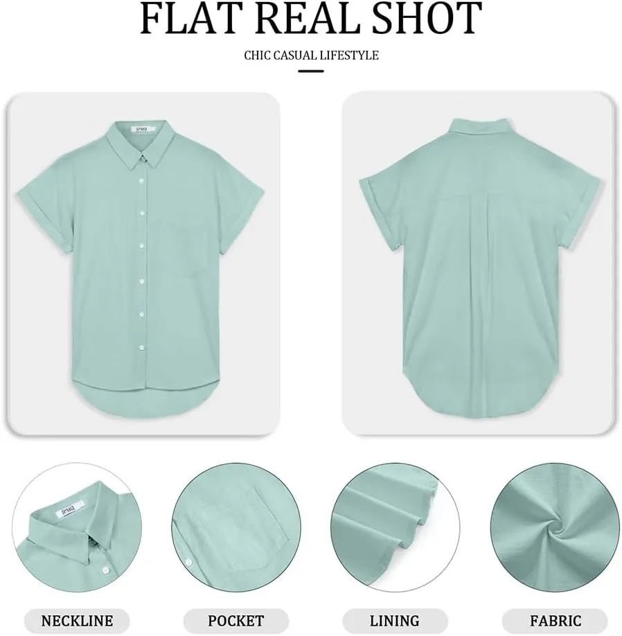 Womens Short Sleeve Casual Button Down Shirts Summer Soft Fashion Cotton Blouses Tops with Pocket