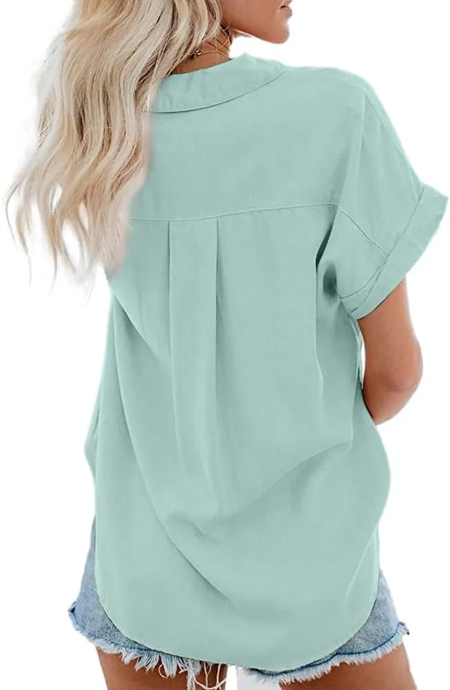 Womens Short Sleeve Casual Button Down Shirts Summer Soft Fashion Cotton Blouses Tops with Pocket
