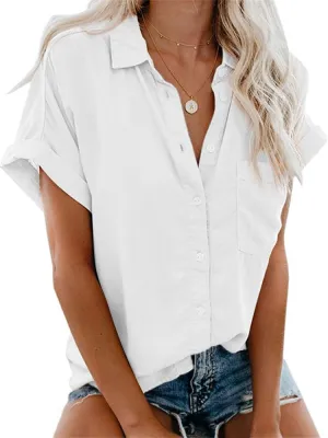 Womens Short Sleeve Casual Button Down Shirts Summer Soft Fashion Cotton Blouses Tops with Pocket