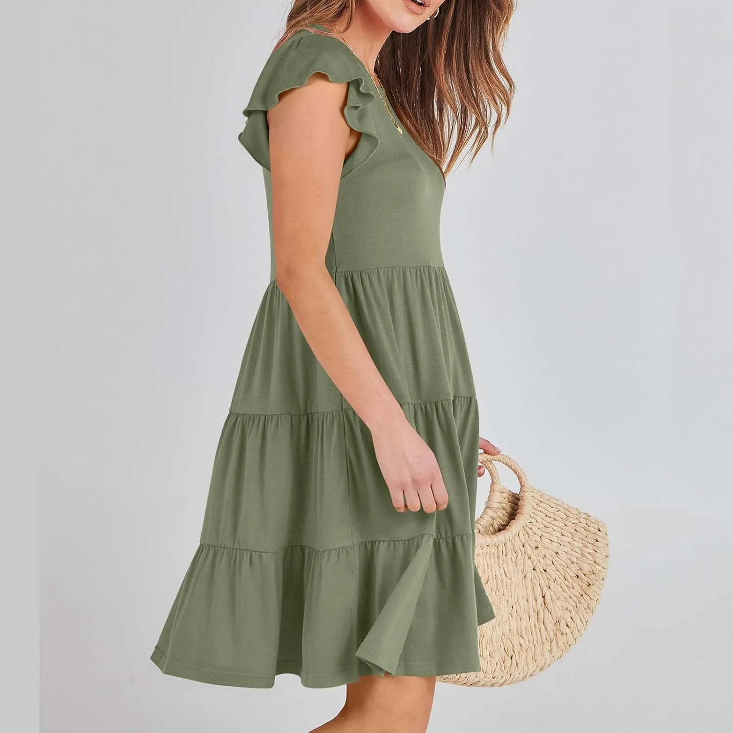 Women's Short Sleeve Casual Sundresses Simple Solid Color Summer Dresses Fit and Flare Beach Dress with Pockets
