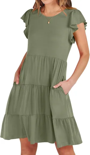 Women's Short Sleeve Casual Sundresses Simple Solid Color Summer Dresses Fit and Flare Beach Dress with Pockets