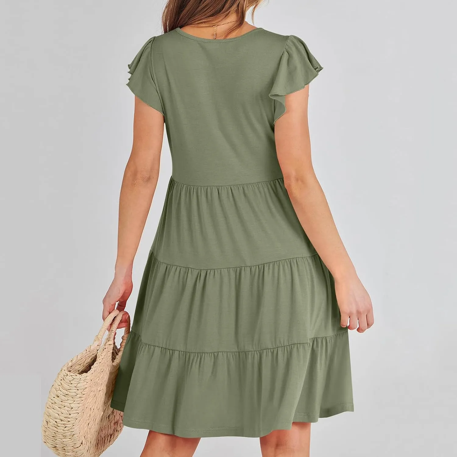 Women's Short Sleeve Casual Sundresses Simple Solid Color Summer Dresses Fit and Flare Beach Dress with Pockets