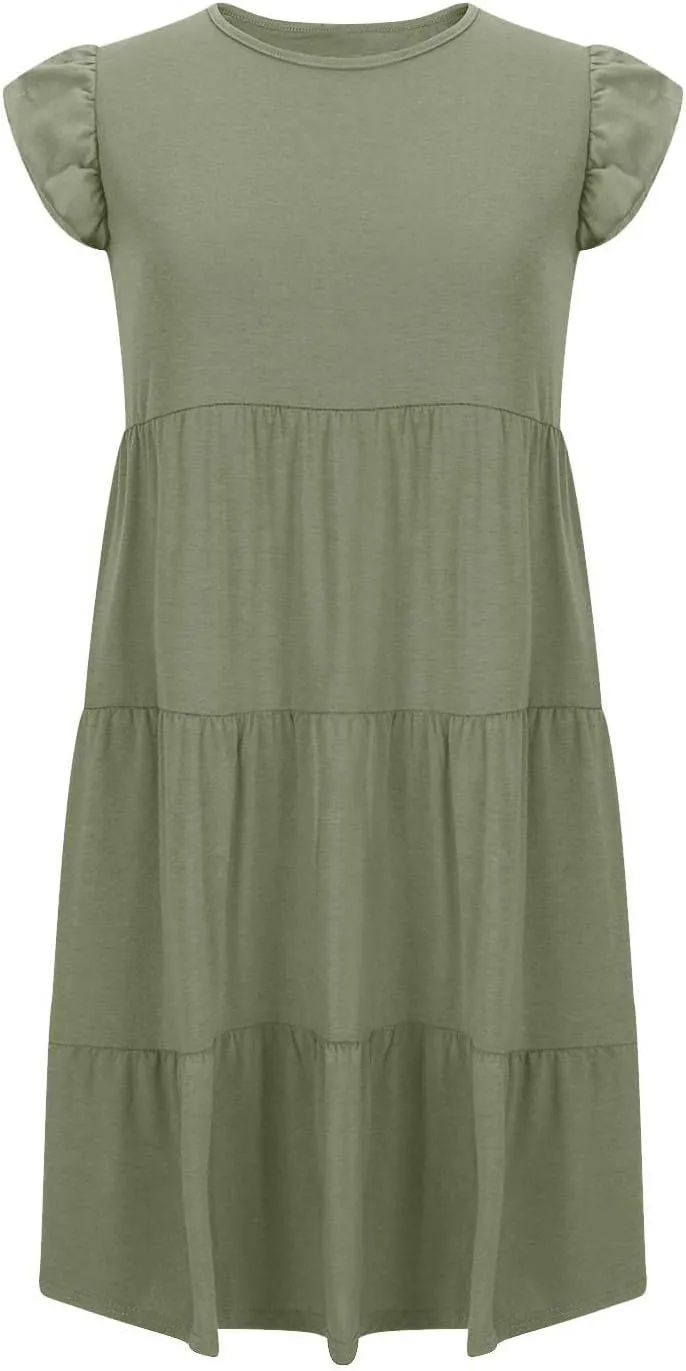 Women's Short Sleeve Casual Sundresses Simple Solid Color Summer Dresses Fit and Flare Beach Dress with Pockets