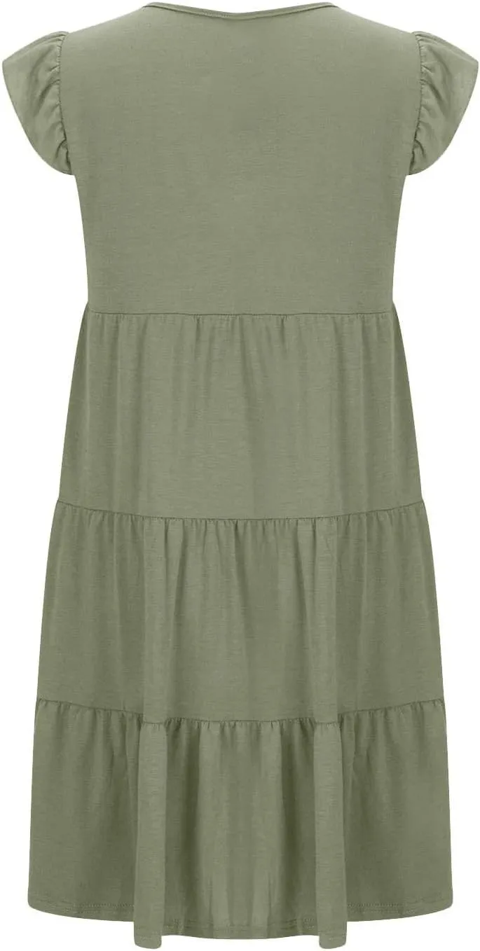 Women's Short Sleeve Casual Sundresses Simple Solid Color Summer Dresses Fit and Flare Beach Dress with Pockets
