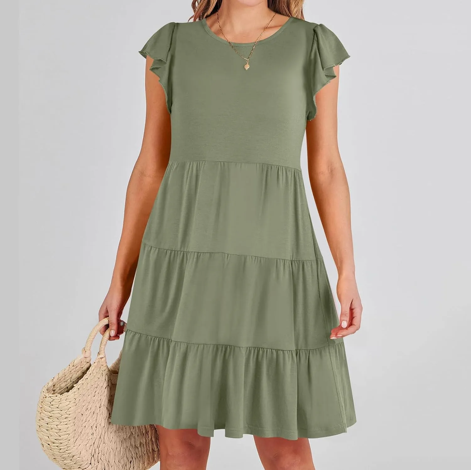 Women's Short Sleeve Casual Sundresses Simple Solid Color Summer Dresses Fit and Flare Beach Dress with Pockets