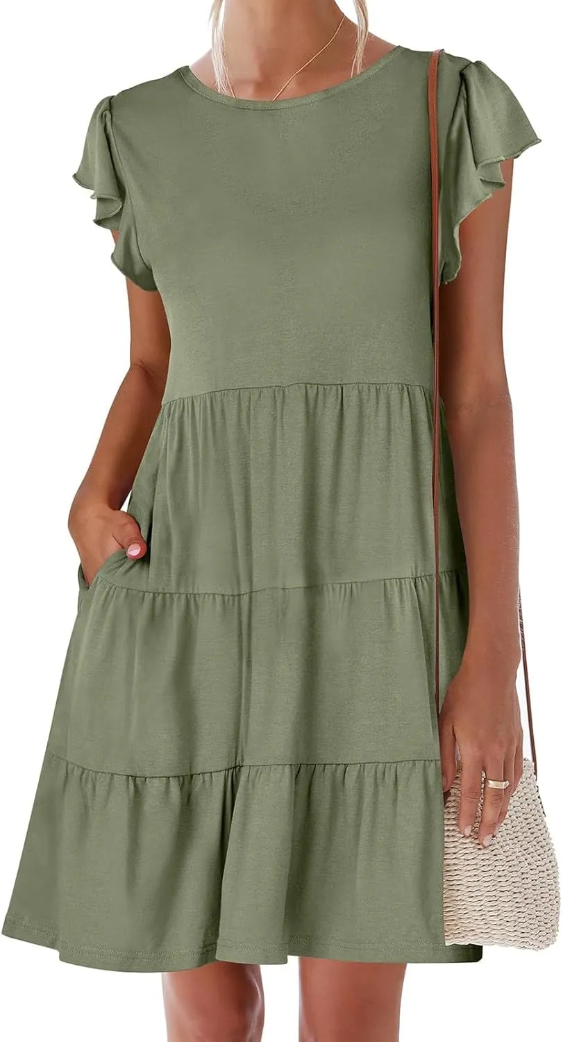 Women's Short Sleeve Casual Sundresses Simple Solid Color Summer Dresses Fit and Flare Beach Dress with Pockets