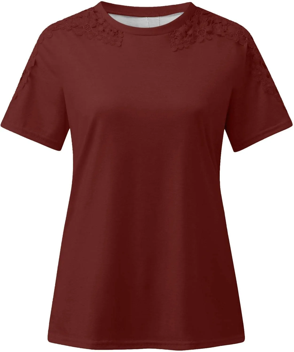 Womens Short Sleeve Shirts Casual Round Neck Fashion Solid Color T-Shirts Trendy Loose Pullover Lace Tops Blouse