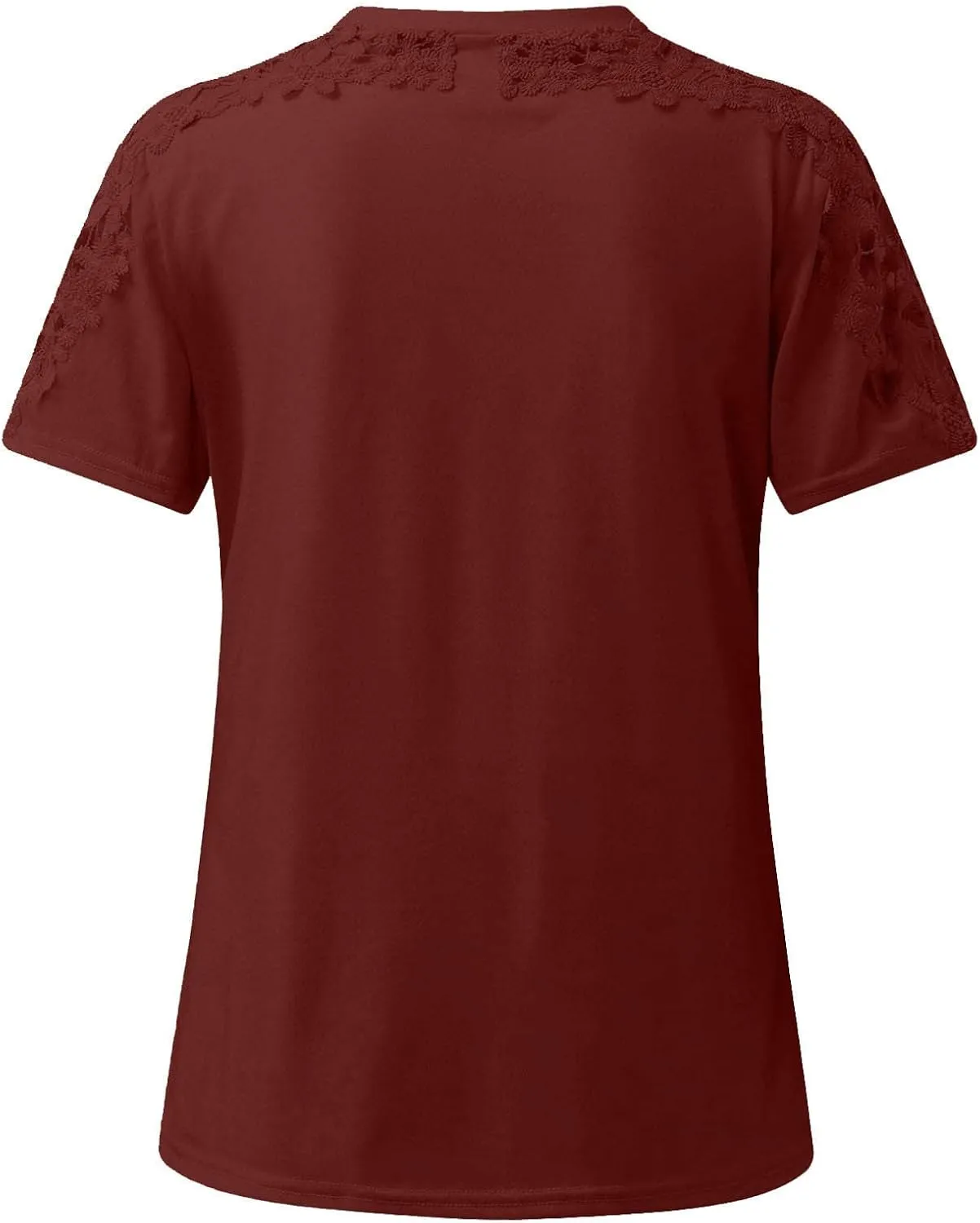 Womens Short Sleeve Shirts Casual Round Neck Fashion Solid Color T-Shirts Trendy Loose Pullover Lace Tops Blouse