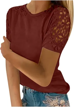 Womens Short Sleeve Shirts Casual Round Neck Fashion Solid Color T-Shirts Trendy Loose Pullover Lace Tops Blouse