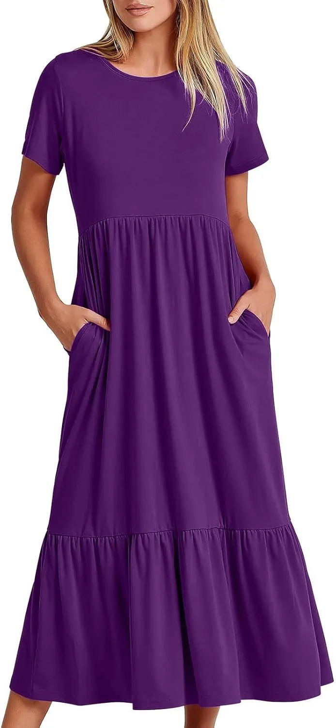 Womens Short Sleeve Trendy Midi Dress Simple Solid Color Long Dresses Crewneck Loose Fit Casual Sundress