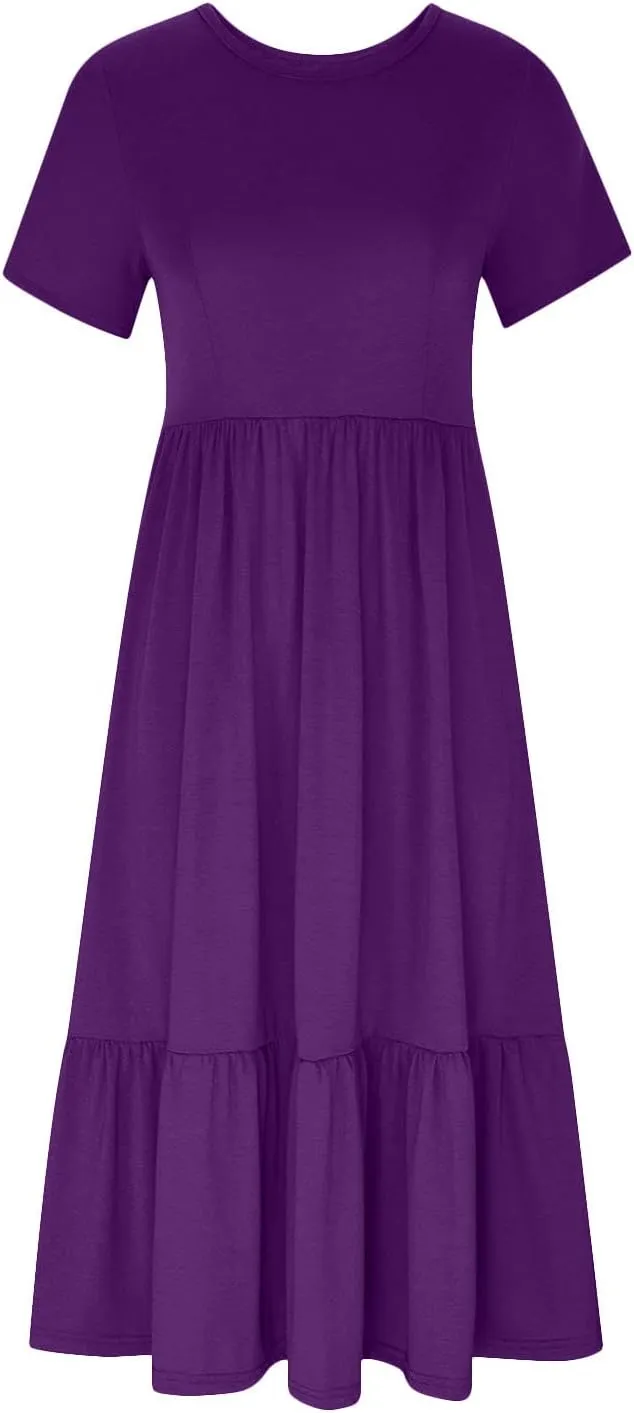 Womens Short Sleeve Trendy Midi Dress Simple Solid Color Long Dresses Crewneck Loose Fit Casual Sundress