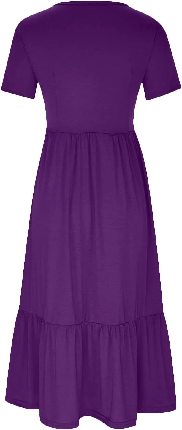 Womens Short Sleeve Trendy Midi Dress Simple Solid Color Long Dresses Crewneck Loose Fit Casual Sundress