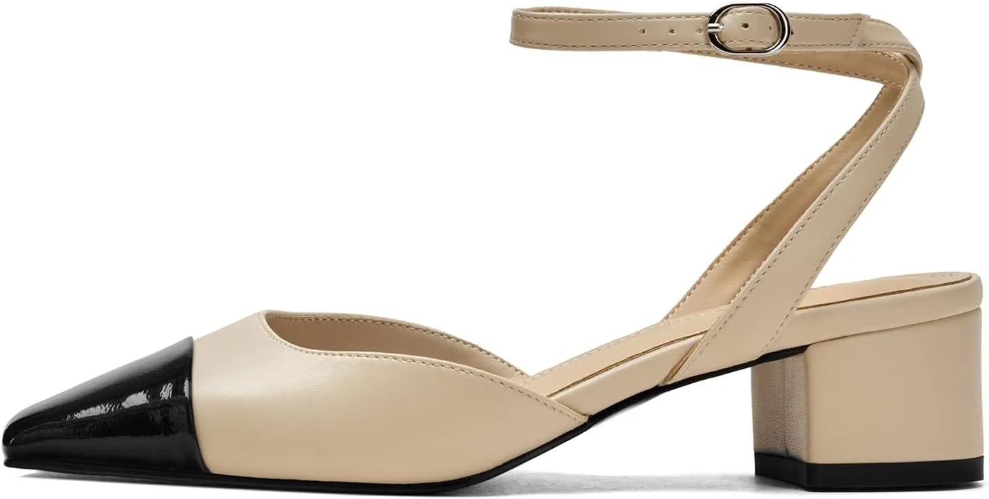 Women's Slingback Pumps Chunky Heels Sexy Splicing Square Closed Heels with Adjustable Ankle Strap Dress Shoes for Office Casual Party Dress Shoes