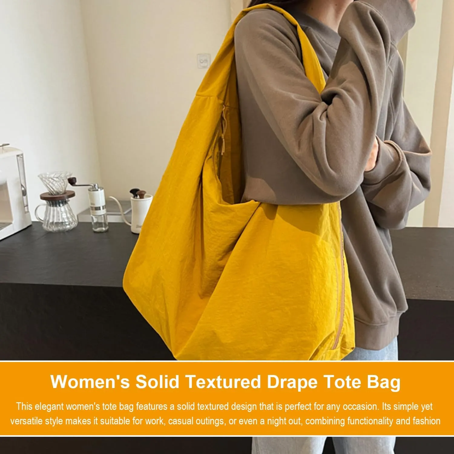Women's Solid Color Textured Draped Tote Bag, Big Capacity Minimalist Versatile Shoulder Bag, Large Stellaya Tote Bag
