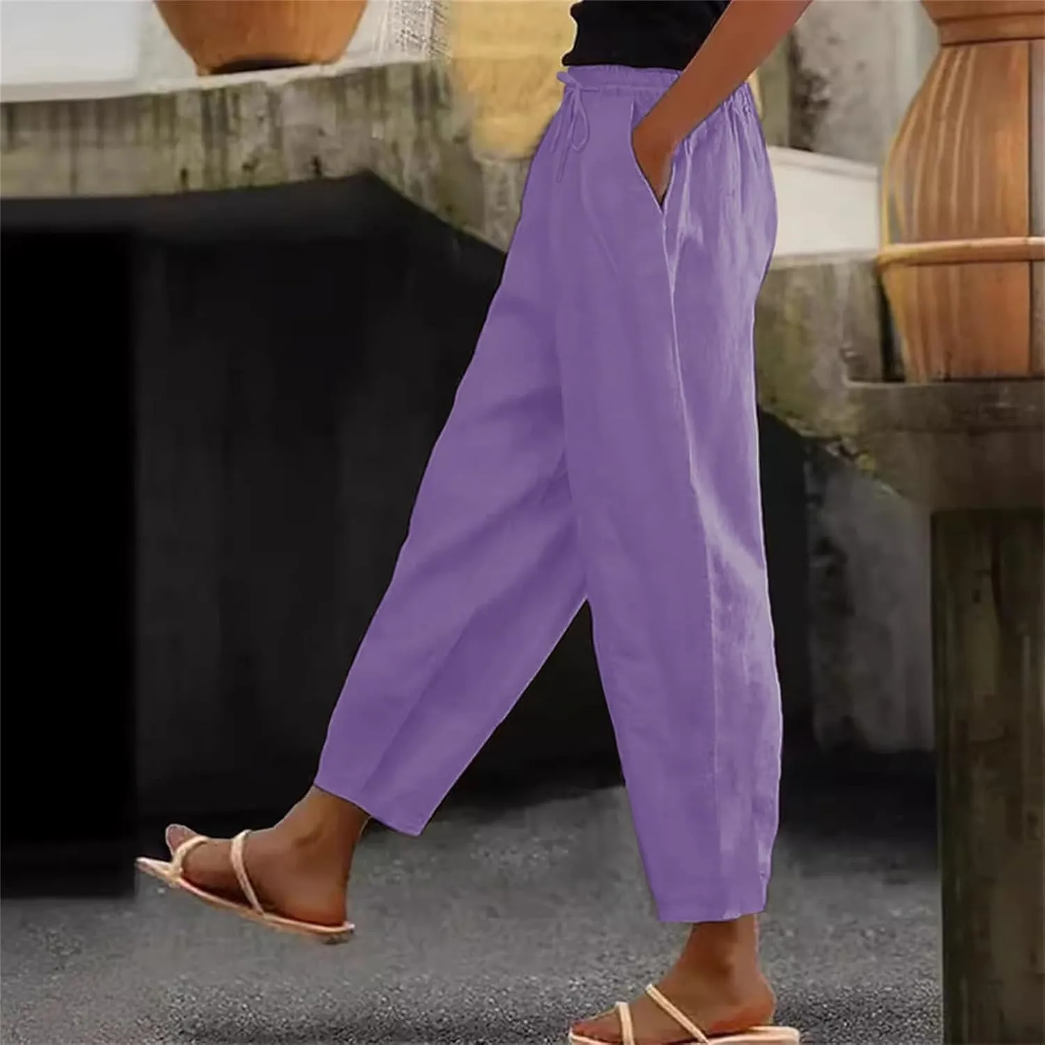 Womens Solid Pants Drawstring Elastic Waisted Wide Leg Pant Loose Casual Office Trousers Vacation Outfits