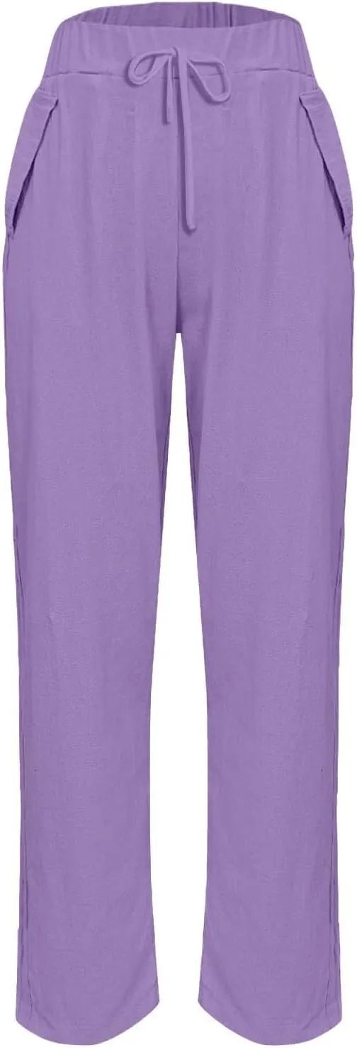 Womens Solid Pants Drawstring Elastic Waisted Wide Leg Pant Loose Casual Office Trousers Vacation Outfits