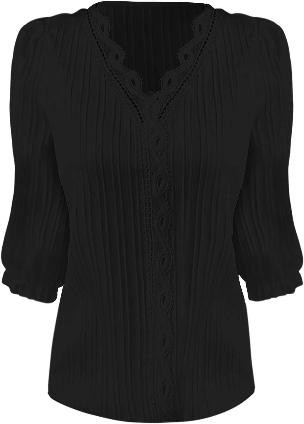 Womens Spring Tops 2025 Trendy Casual Elegant Textured Solid Blouses Lace V Neck 3/4 Puff Sleeve Pullover Tunic Tops