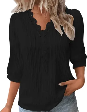 Womens Spring Tops 2025 Trendy Casual Elegant Textured Solid Blouses Lace V Neck 3/4 Puff Sleeve Pullover Tunic Tops