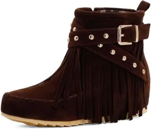 Women'S Suede Tassel Booties,Flat Moccasin Boots,Winter Warm Hidden Inner Heightening Fashion Western Outdoor Short Boots With Side Zipper