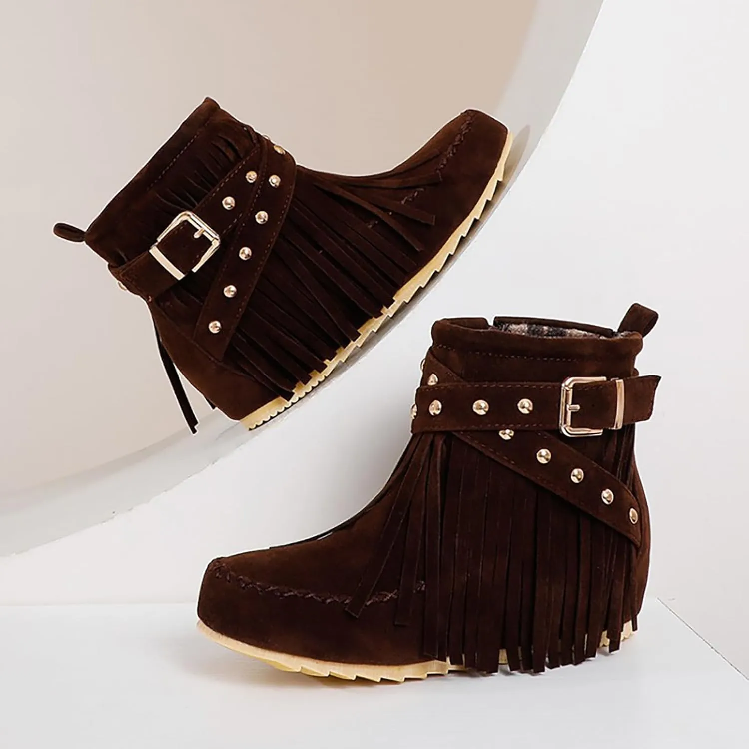 Women'S Suede Tassel Booties,Flat Moccasin Boots,Winter Warm Hidden Inner Heightening Fashion Western Outdoor Short Boots With Side Zipper