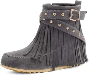 Women'S Suede Tassel Booties,Flat Moccasin Boots,Winter Warm Hidden Inner Heightening Fashion Western Outdoor Short Boots With Side Zipper