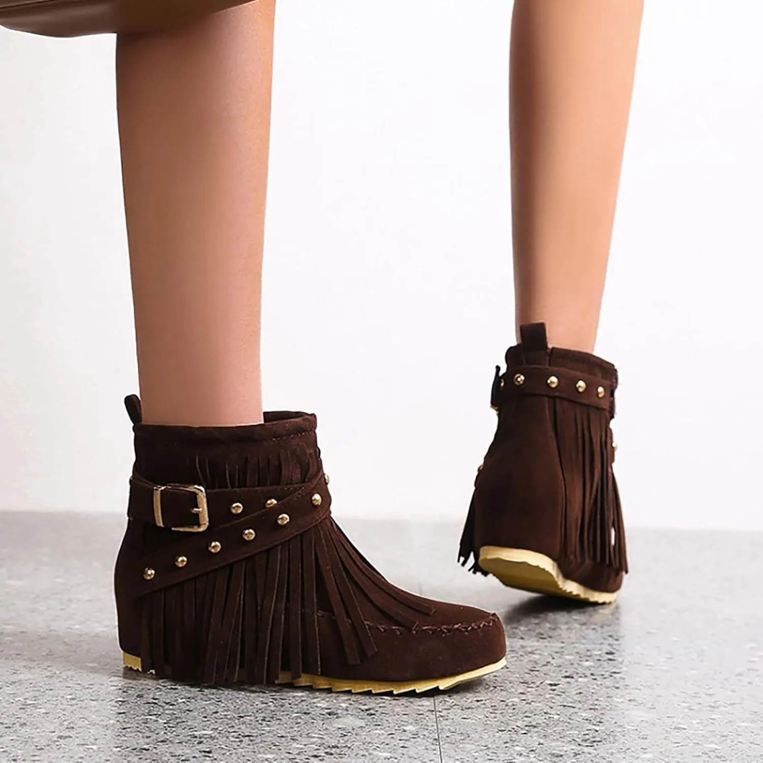 Women'S Suede Tassel Booties,Flat Moccasin Boots,Winter Warm Hidden Inner Heightening Fashion Western Outdoor Short Boots With Side Zipper