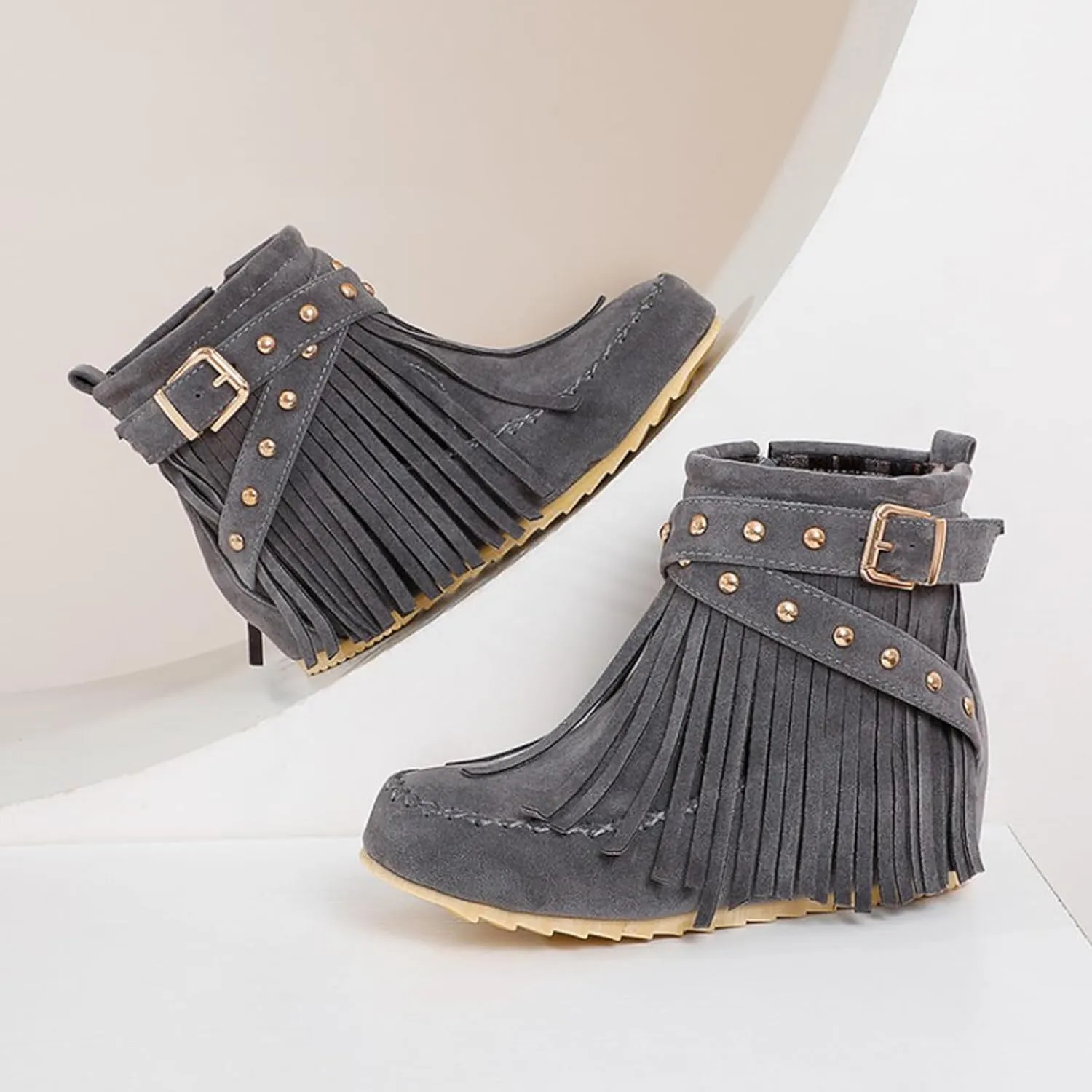 Women'S Suede Tassel Booties,Flat Moccasin Boots,Winter Warm Hidden Inner Heightening Fashion Western Outdoor Short Boots With Side Zipper