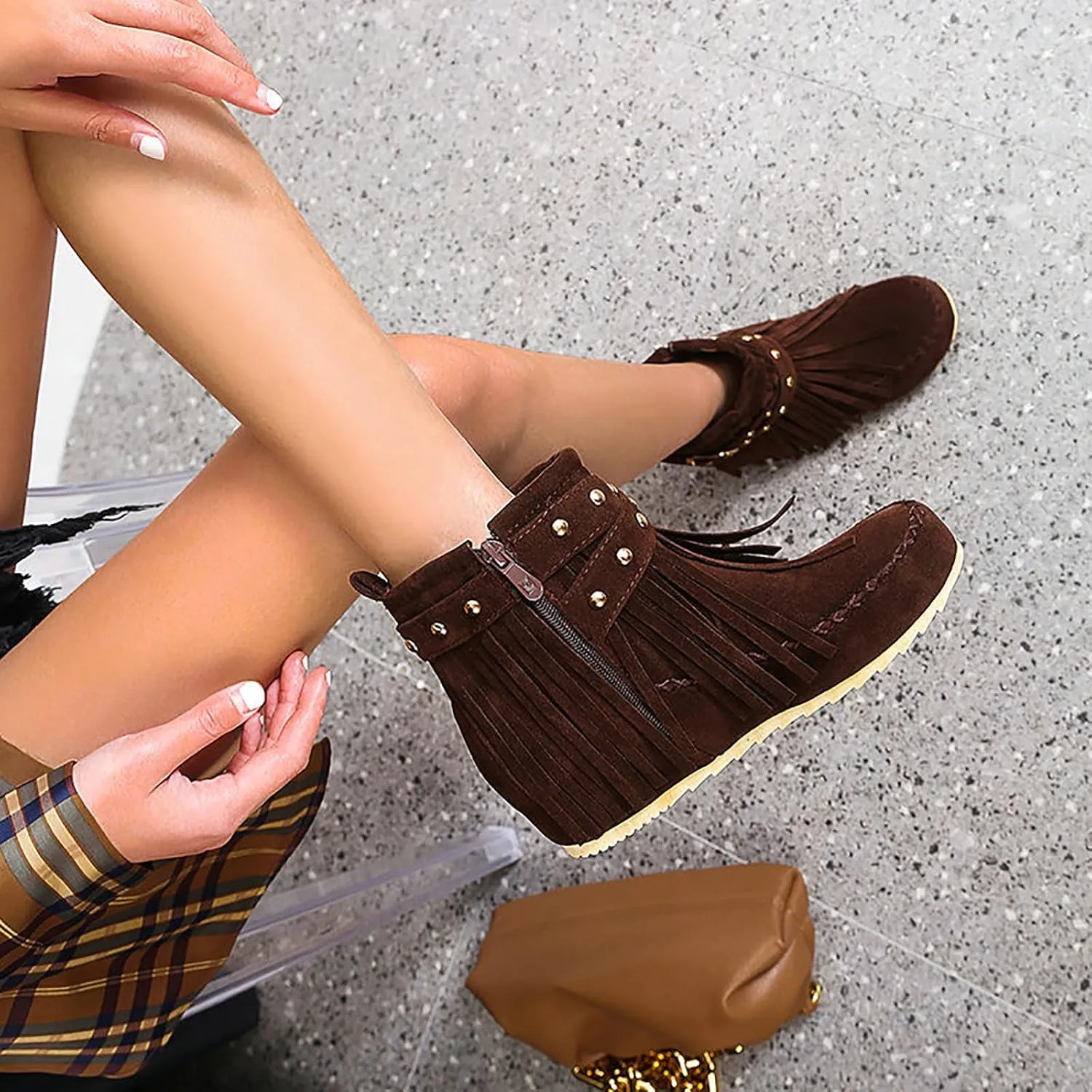 Women'S Suede Tassel Booties,Flat Moccasin Boots,Winter Warm Hidden Inner Heightening Fashion Western Outdoor Short Boots With Side Zipper