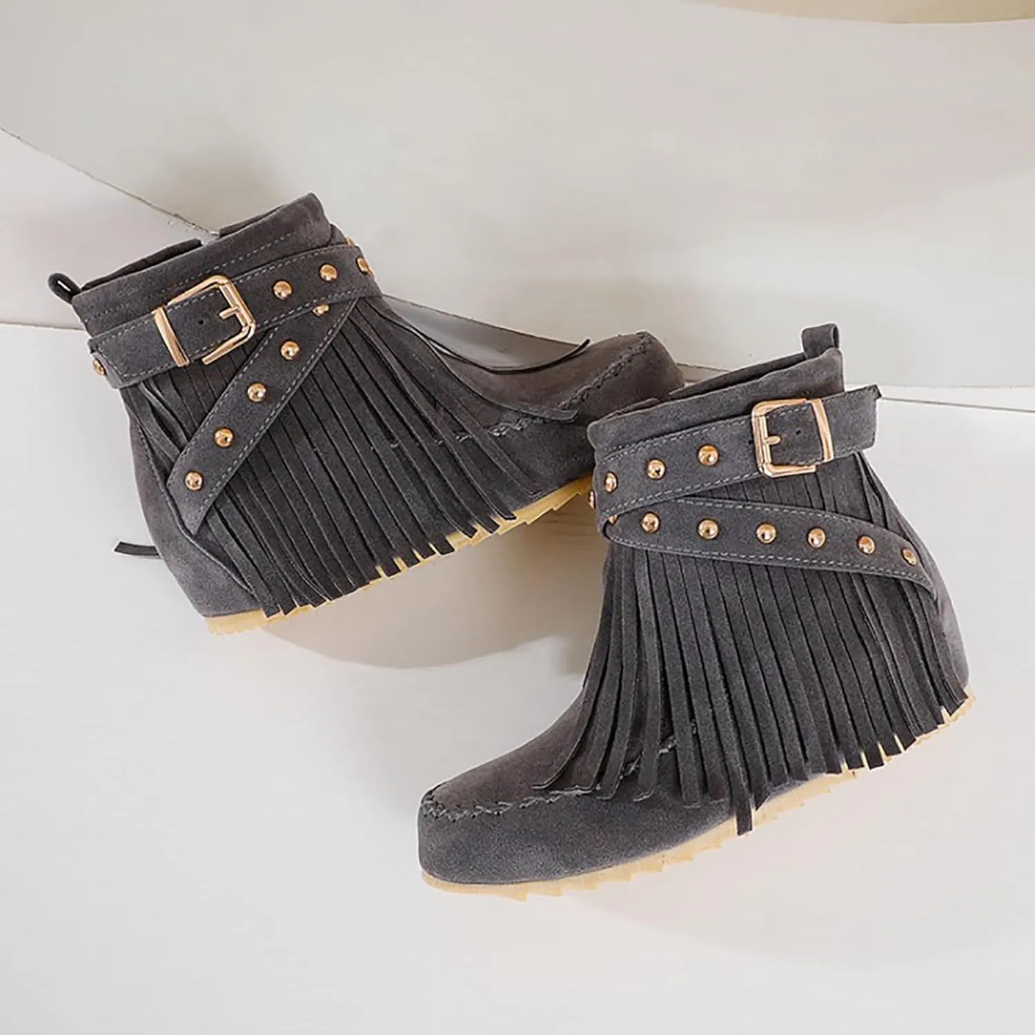 Women'S Suede Tassel Booties,Flat Moccasin Boots,Winter Warm Hidden Inner Heightening Fashion Western Outdoor Short Boots With Side Zipper