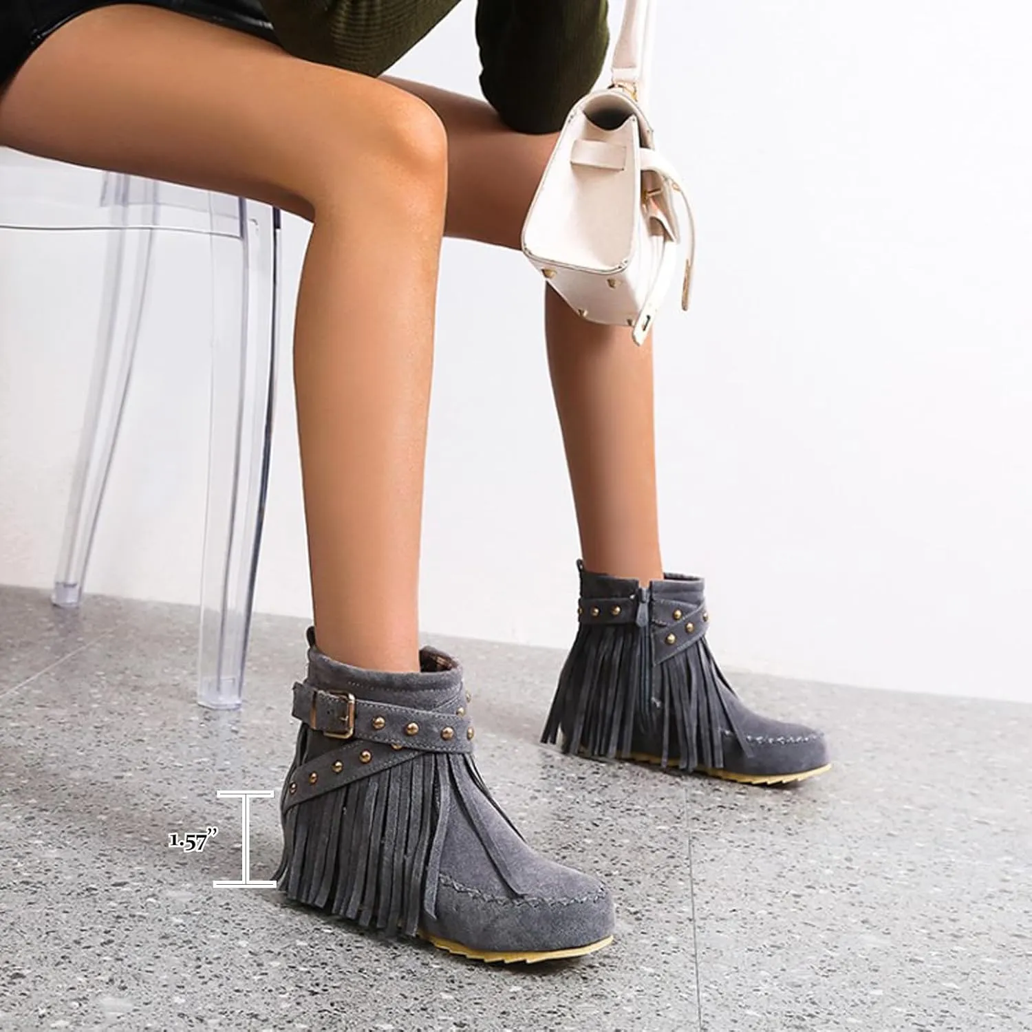 Women'S Suede Tassel Booties,Flat Moccasin Boots,Winter Warm Hidden Inner Heightening Fashion Western Outdoor Short Boots With Side Zipper