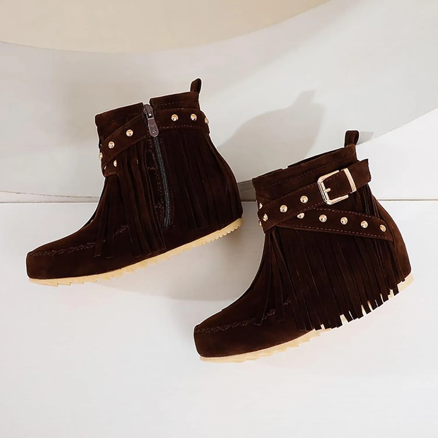 Women'S Suede Tassel Booties,Flat Moccasin Boots,Winter Warm Hidden Inner Heightening Fashion Western Outdoor Short Boots With Side Zipper
