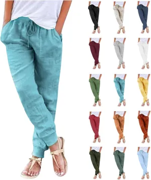 Womens Tapered Pants Cotton Linen Drawstring Elastic Waist Pants Casual Trousers with Pockets Joggers Travel Slacks