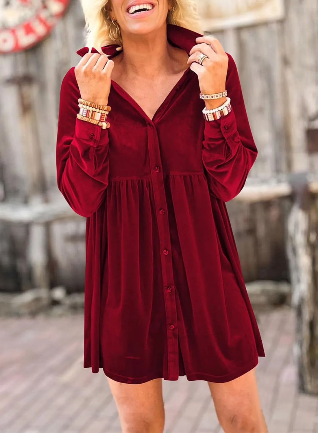 Women's Velvet Mini Dress Long Sleeve Button Down Shirt Short Dress Ruffle Fall Lapel Babydoll Dresses