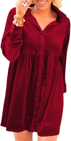 Women's Velvet Mini Dress Long Sleeve Button Down Shirt Short Dress Ruffle Fall Lapel Babydoll Dresses