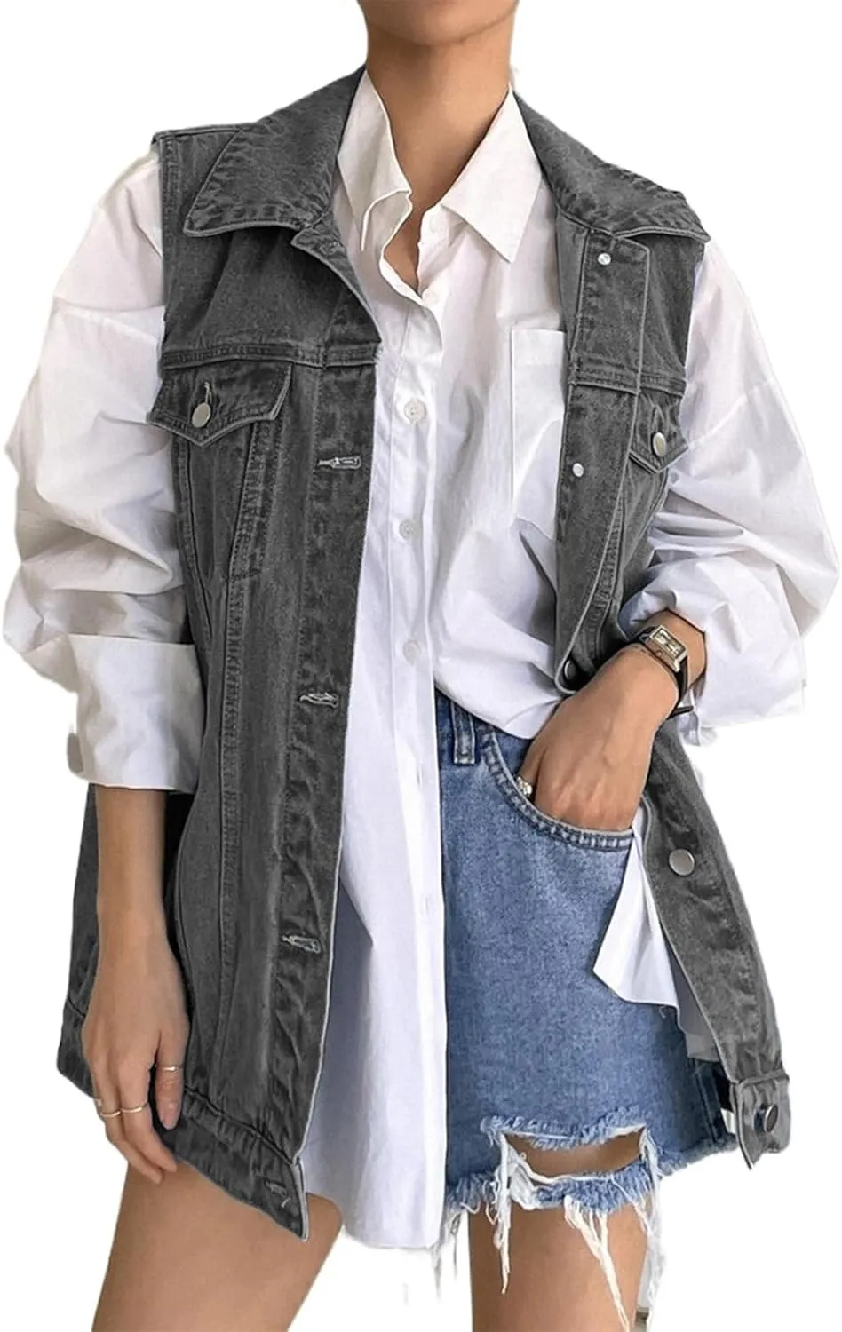 Women's Vintage Denim Vest Oversized Button Down Jean Waistcoat Gilet Sleeveless Jean Jacket