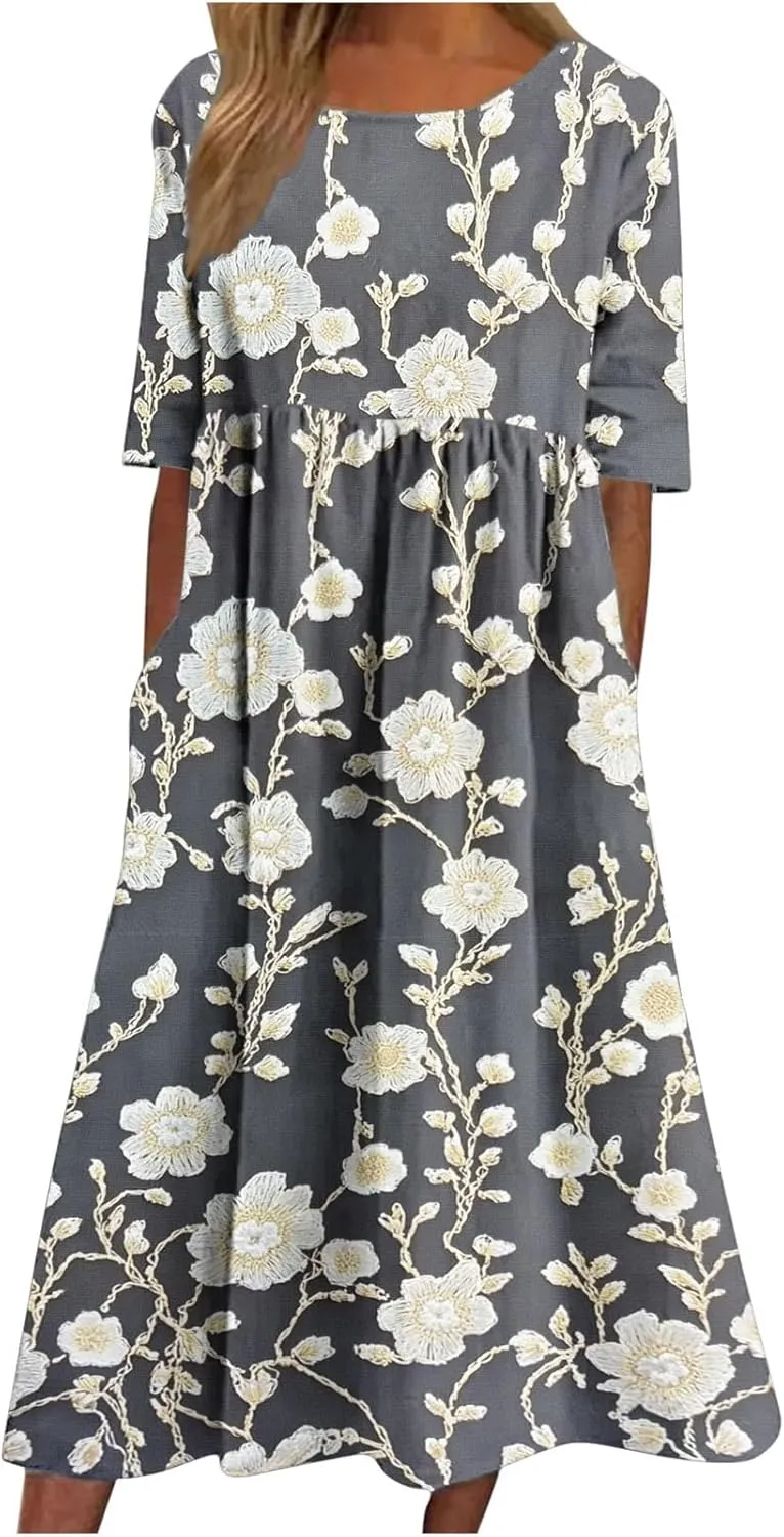 Women's Vintage Floral Print Dress Elegant Flowy Hem Maxi Skirts Comfy Loose Fit Dresses Going Out Daily Wear
