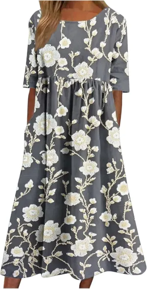 Women's Vintage Floral Print Dress Elegant Flowy Hem Maxi Skirts Comfy Loose Fit Dresses Going Out Daily Wear