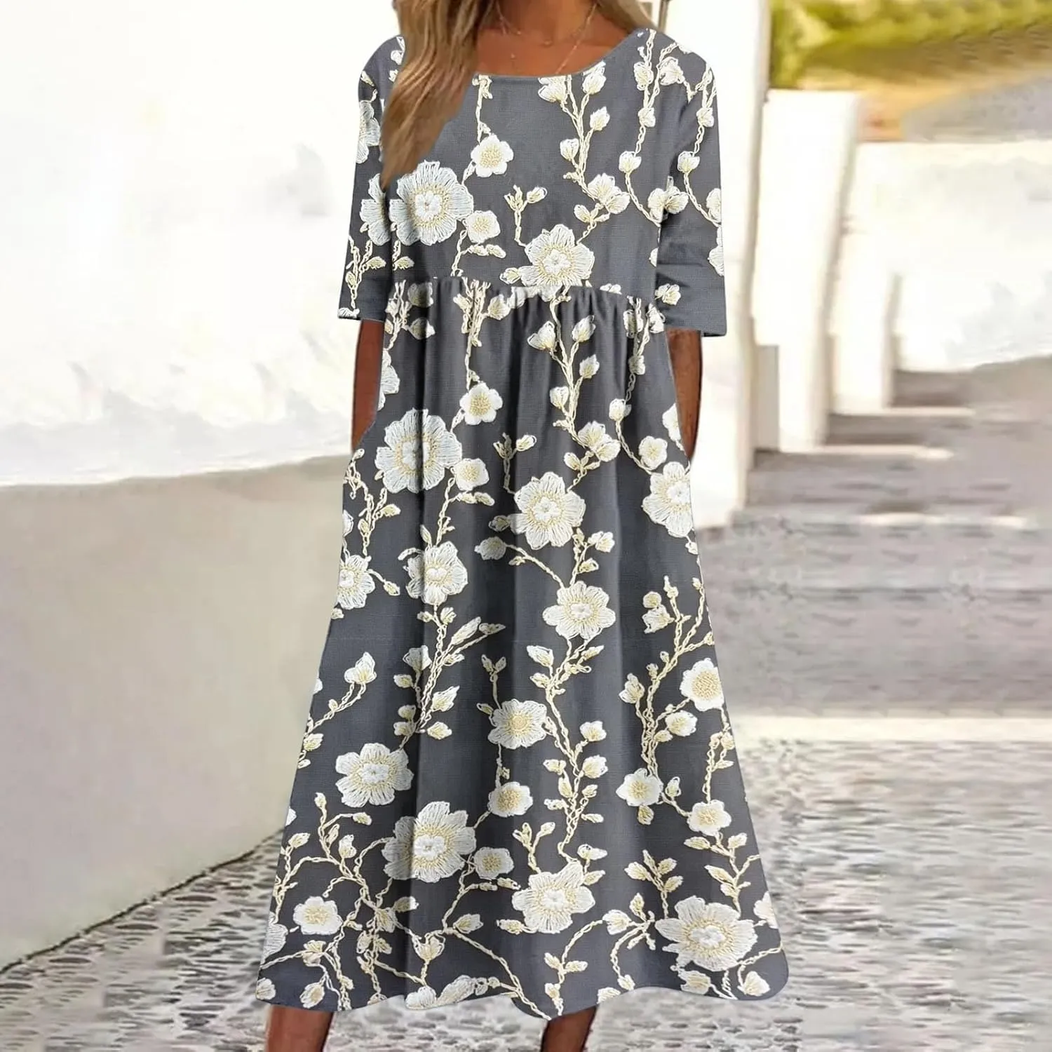 Women's Vintage Floral Print Dress Elegant Flowy Hem Maxi Skirts Comfy Loose Fit Dresses Going Out Daily Wear