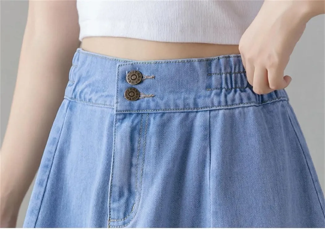 Women's Vintage Long Denim A-Line Skirt High Elastic Waist Loose Swing Style Streetwear for Autumn