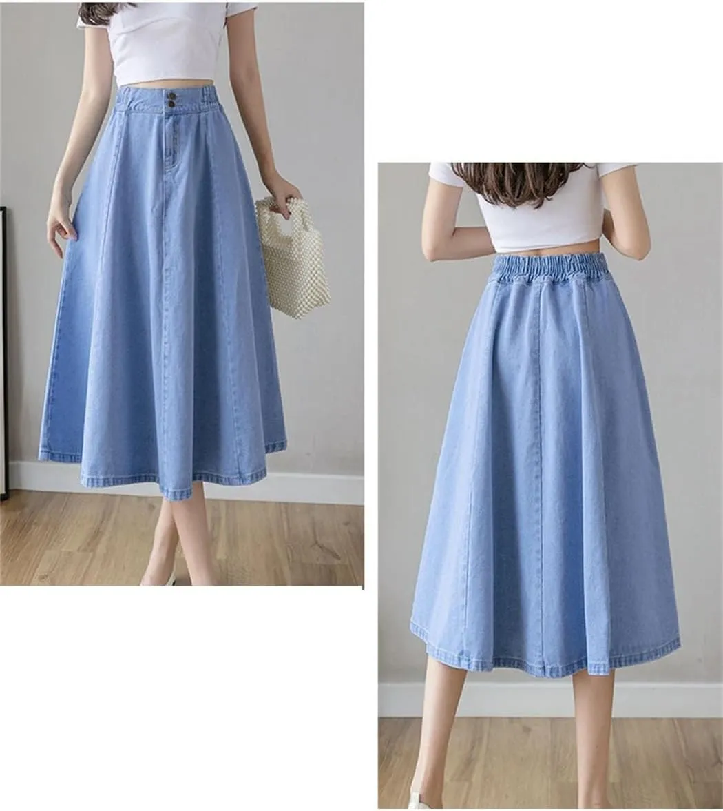 Women's Vintage Long Denim A-Line Skirt High Elastic Waist Loose Swing Style Streetwear for Autumn