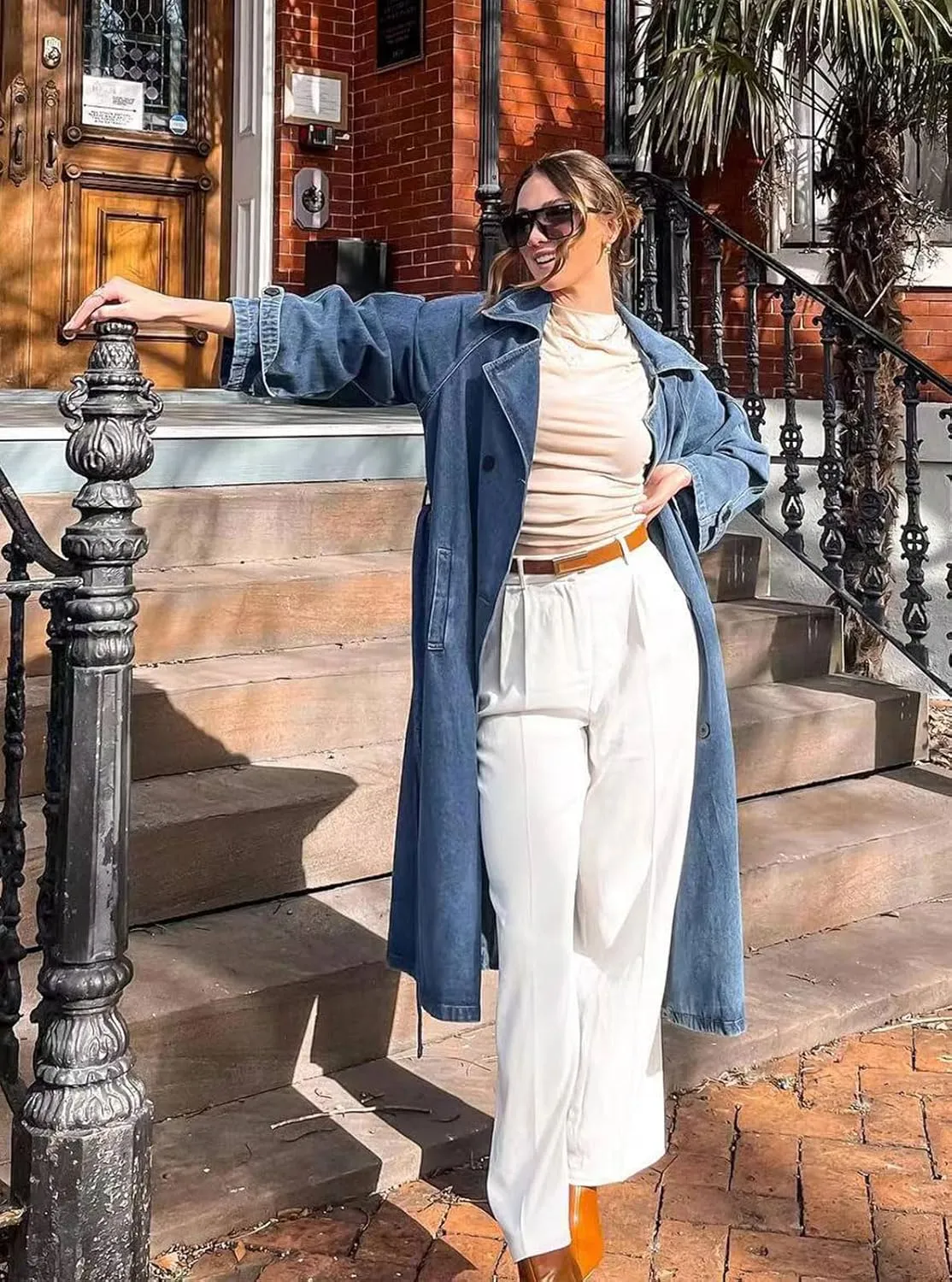 Women's Vintage Notched Collar Double Breasted Over Knee Midi Long Denim Jacket Trench Coat with Belt