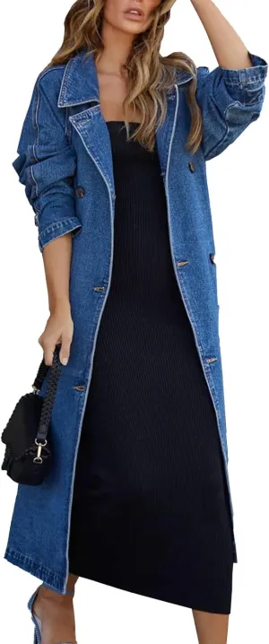 Women's Vintage Notched Collar Double Breasted Over Knee Midi Long Denim Jacket Trench Coat with Belt