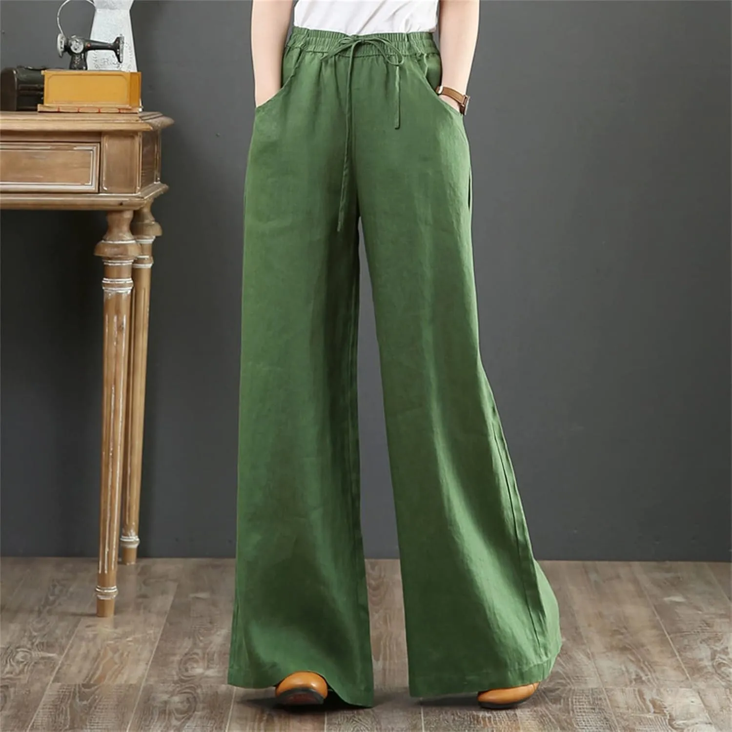 Womens Wide Leg Pants Dressy Comfy Loose Flowy Cotton Linen Pants Summer Casual Beach High Waisted Palazzo Trousers