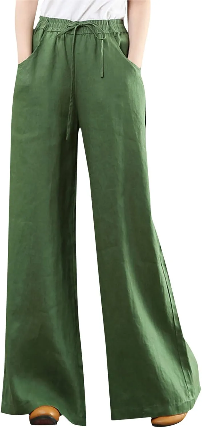 Womens Wide Leg Pants Dressy Comfy Loose Flowy Cotton Linen Pants Summer Casual Beach High Waisted Palazzo Trousers