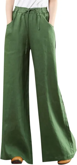 Womens Wide Leg Pants Dressy Comfy Loose Flowy Cotton Linen Pants Summer Casual Beach High Waisted Palazzo Trousers